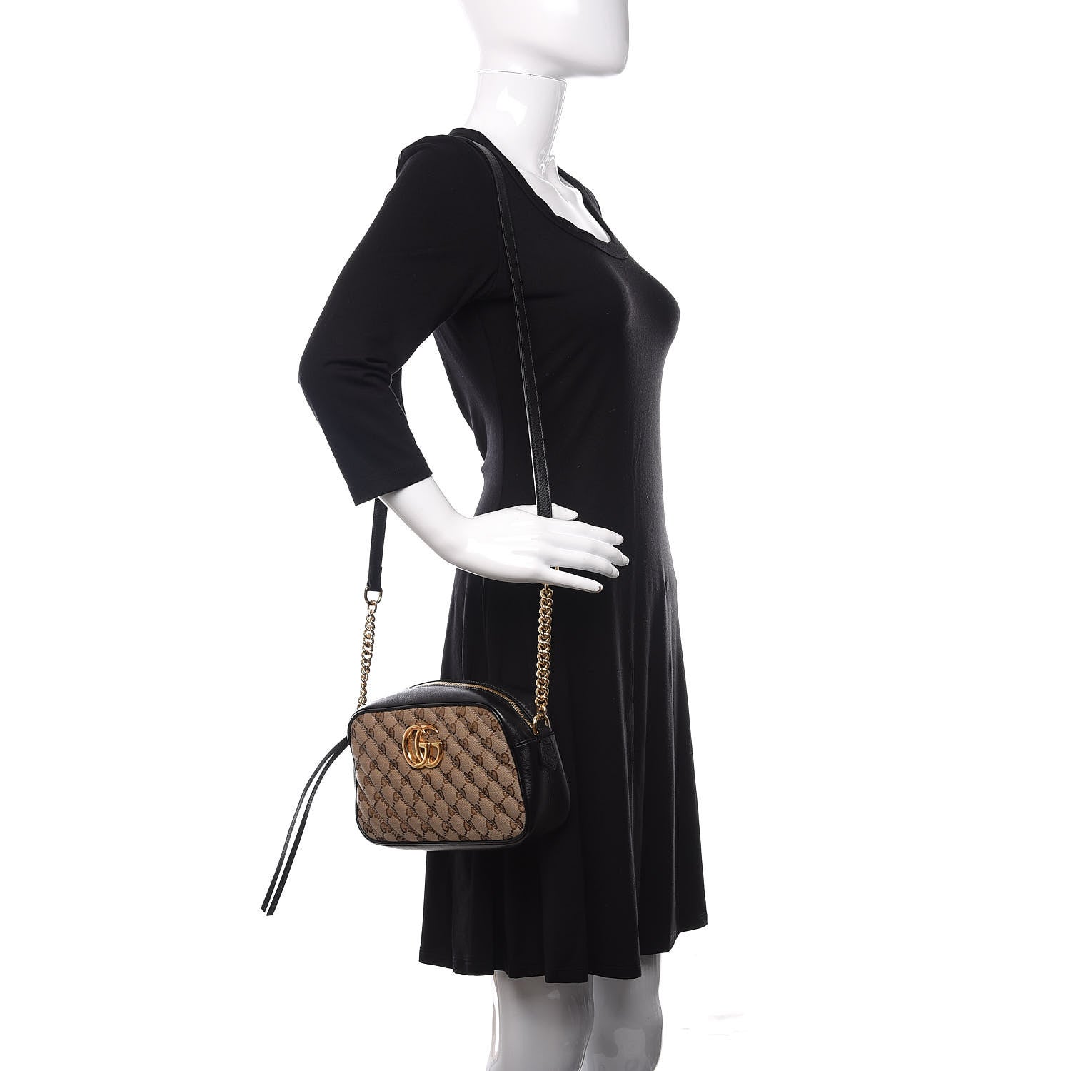 Gucci Monogram Matelasse Diagonal Small GG Marmont Chain Shoulder Bag Beige Black 2 of 11
