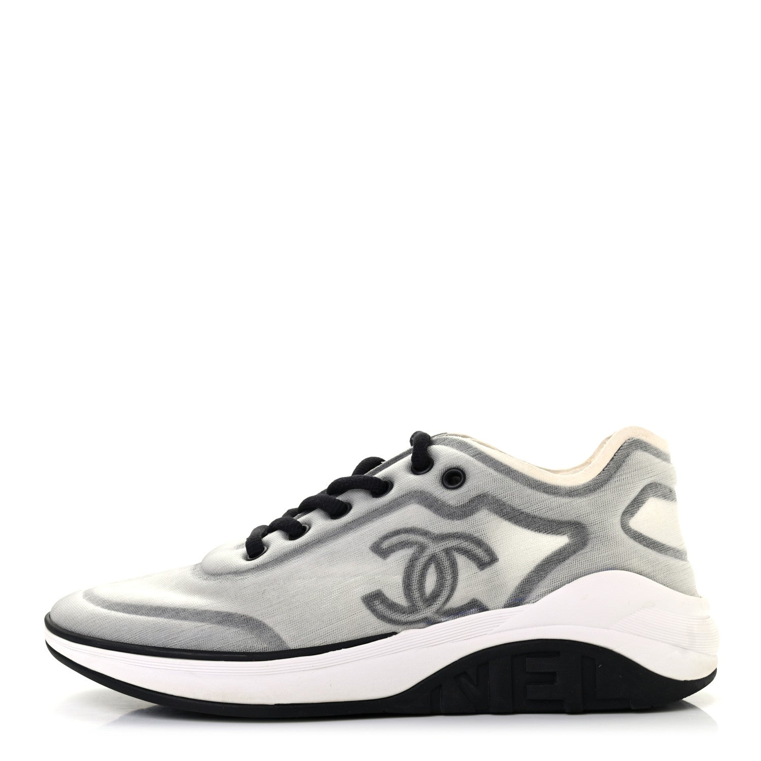 Chanel Calfskin Mesh Lycra Womens Logo Sneakers 38.5 White Black 1 of 7