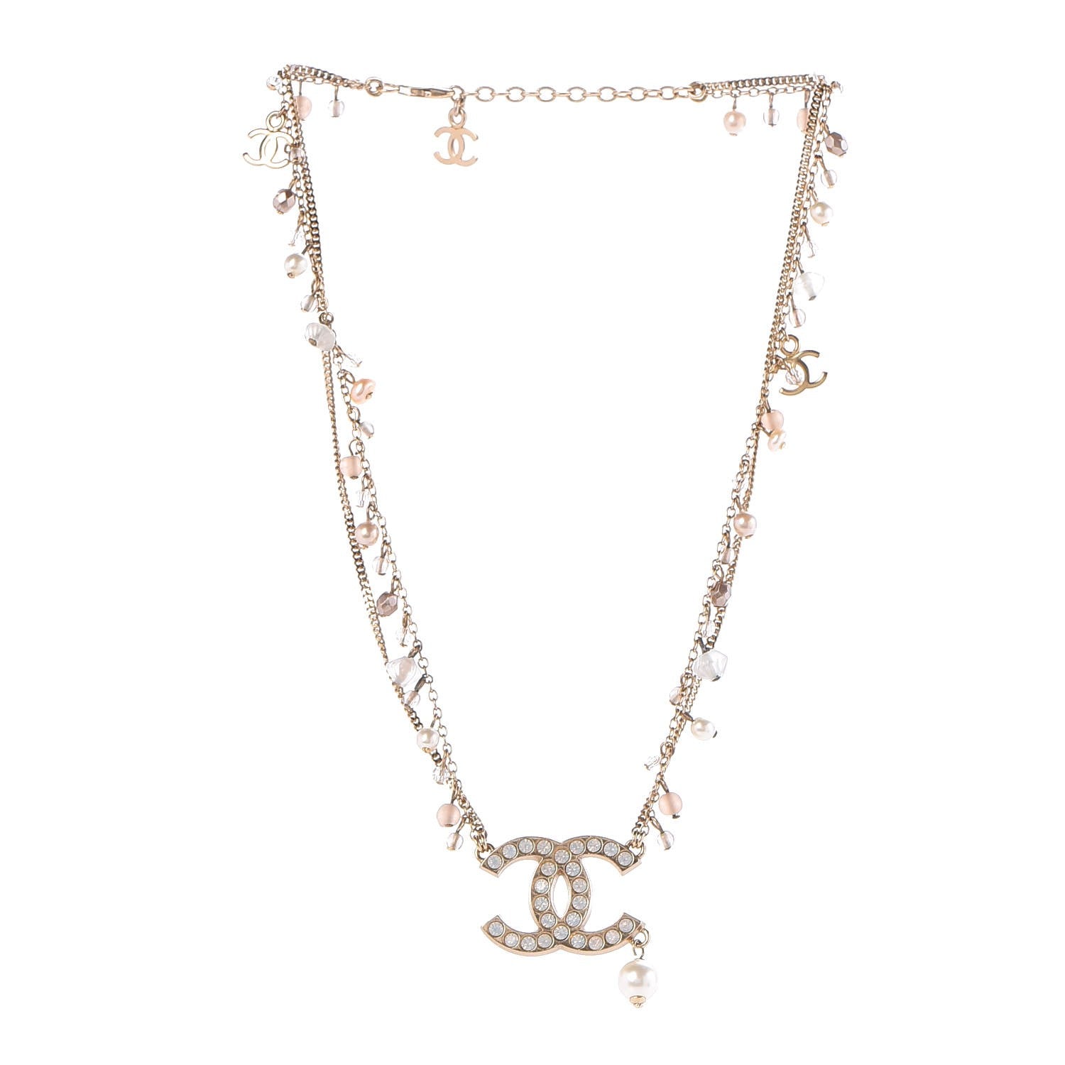 Chanel Pearl Crystal CC Double Strand Necklace Gold 3 of 6