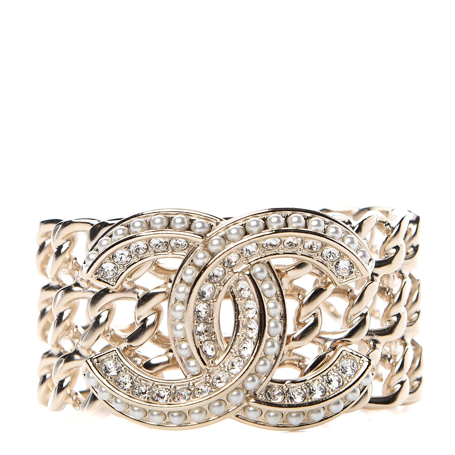 Crystal Pearl Chain CC Cuff Gold