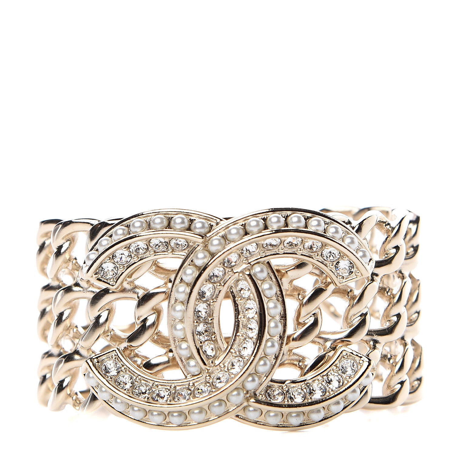 Chanel Crystal Pearl Chain CC Cuff Gold 1 of 3