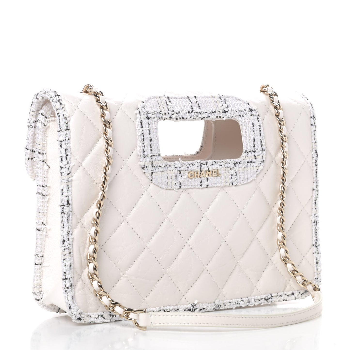 Aged Calfskin Tweed Top Handle Charm Flap White