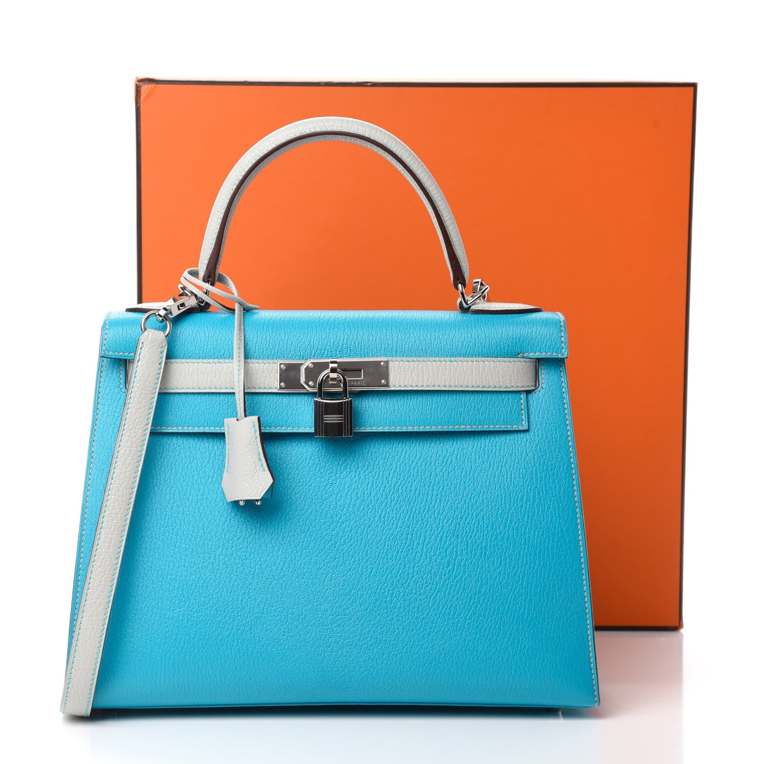 Hermes Chevre Mysore Horseshoe Kelly Sellier 28 Turquoise Gris Perle 11 of 11