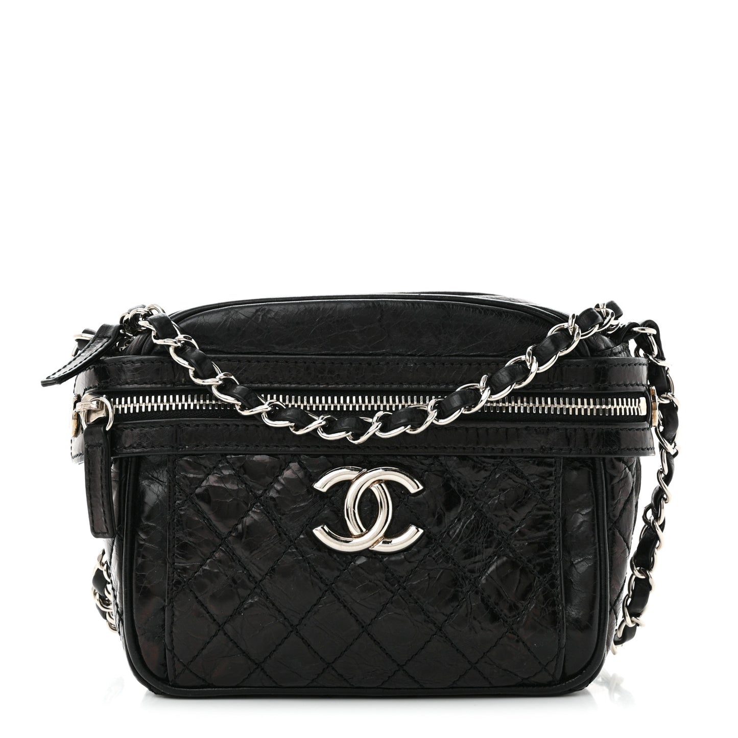 Glazed Crackled Calfskin Quilted CC Crossbody Black