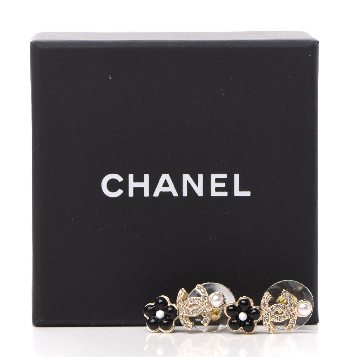 Chanel Crystal Pearl CC Flower Earrings Black Gold 5 of 5
