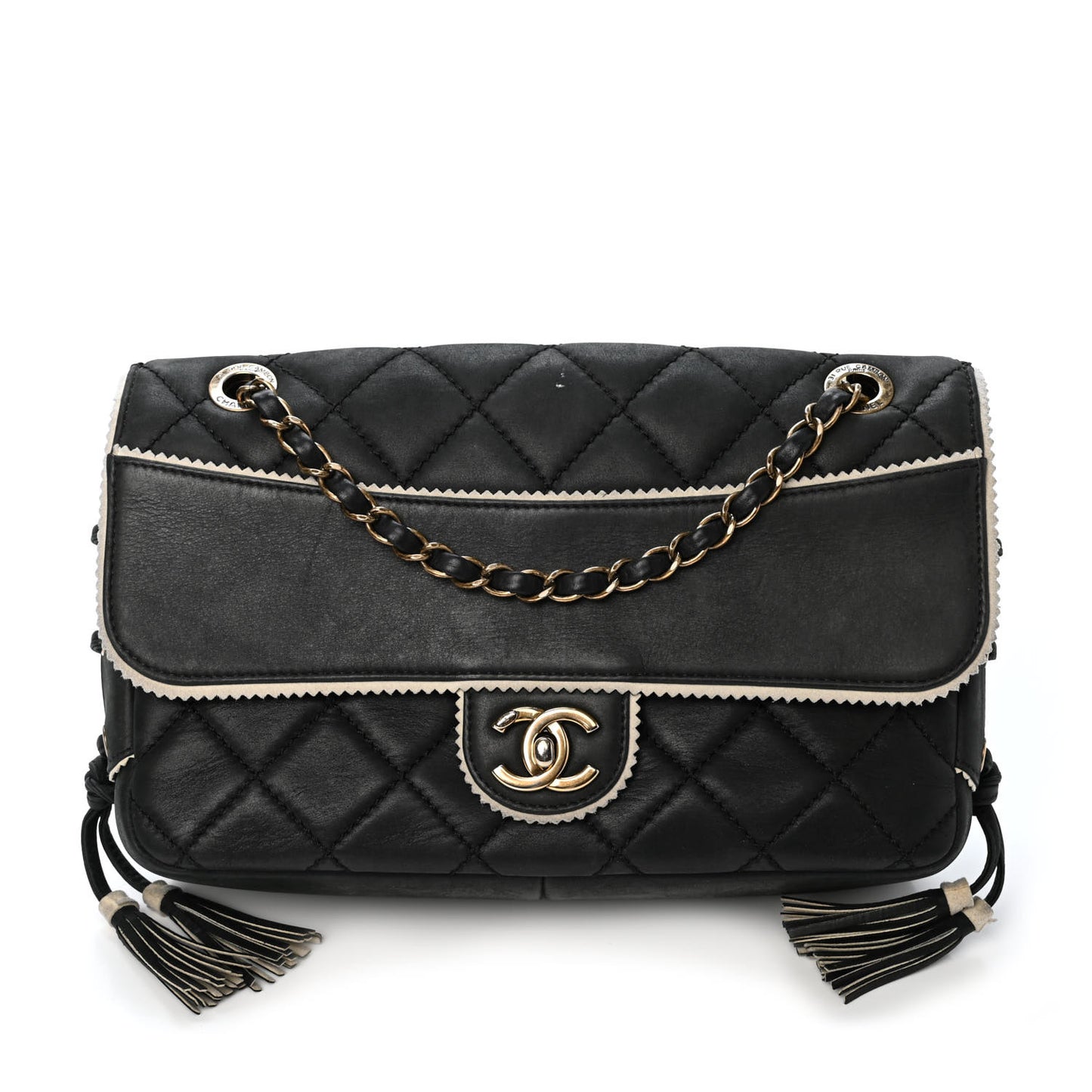 Iridescent Calfskin Quilted Lace Up Flap Black