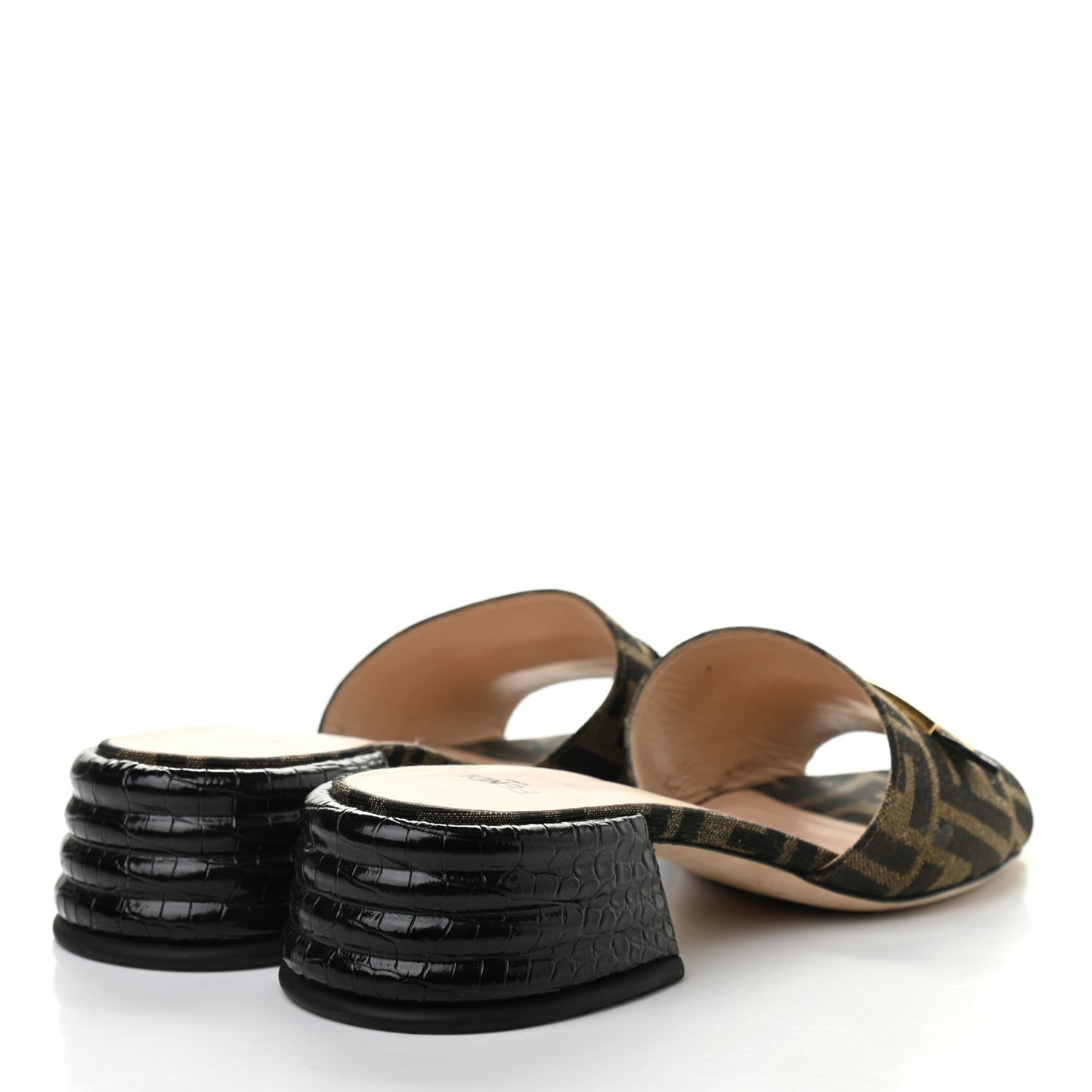 Jacquard Calfskin FF Crocodile Embossed Promenade Slide Sandals 38.5 Tobacco Moro Black