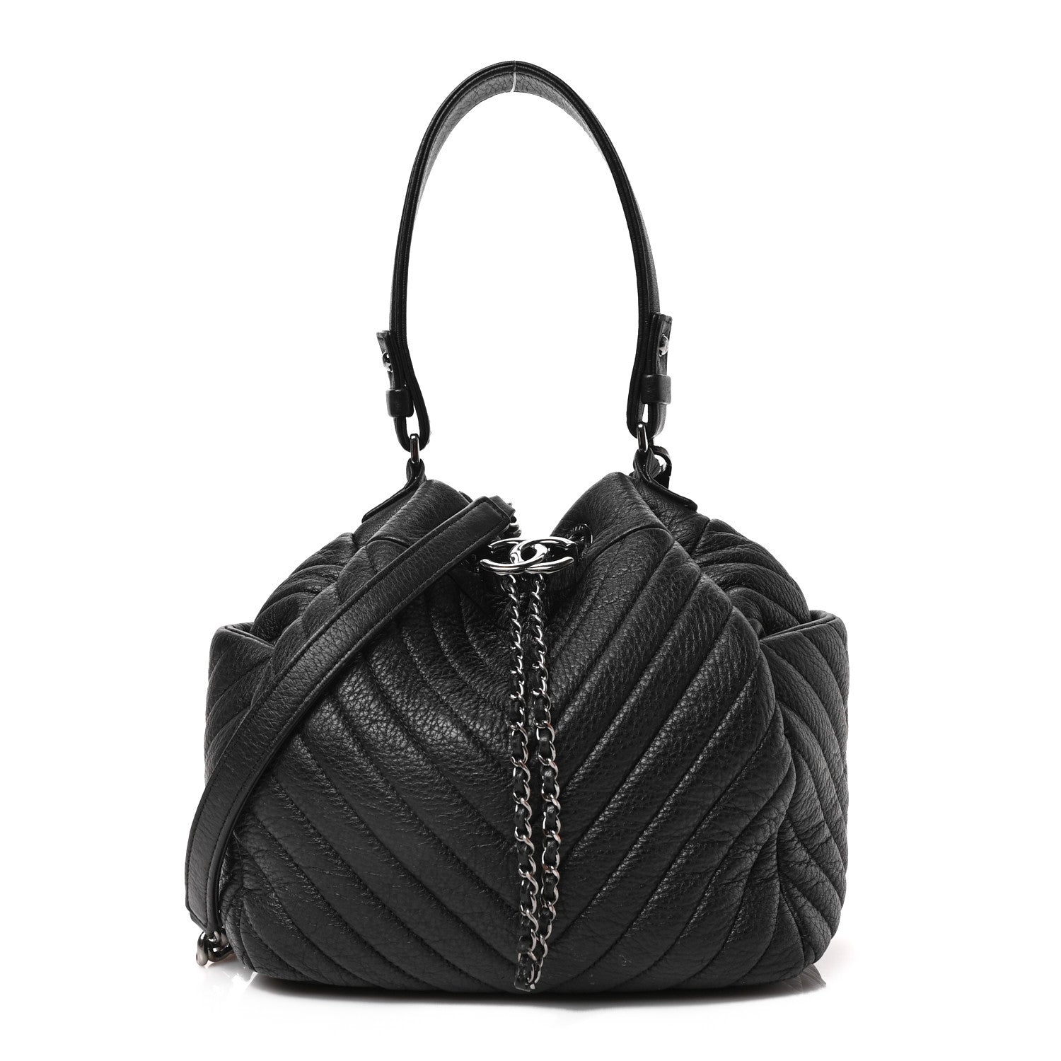 Chanel Deerskin Chevron Small CC Chain Bucket Drawstring Bag Black 1 of 8