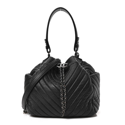 Chanel Deerskin Chevron Small CC Chain Bucket Drawstring Bag Black 1 of 8