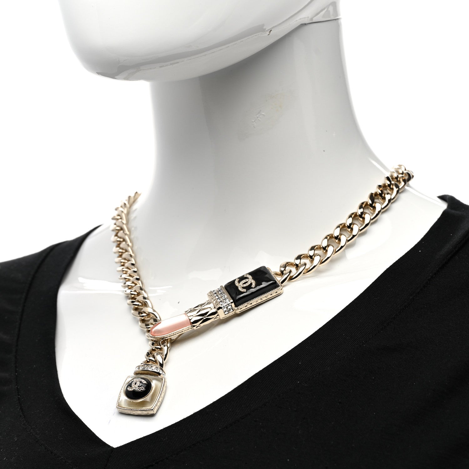 Chanel Metal Strass Pearl Lipstick Necklace Pink Gold 2 of 6
