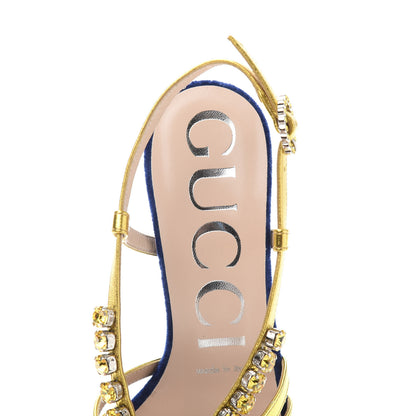 Gucci Velvet Nappa Crystal Zephyra Slingback Platform High Heel Sandals 35.5 Blue Gold 6 of 8