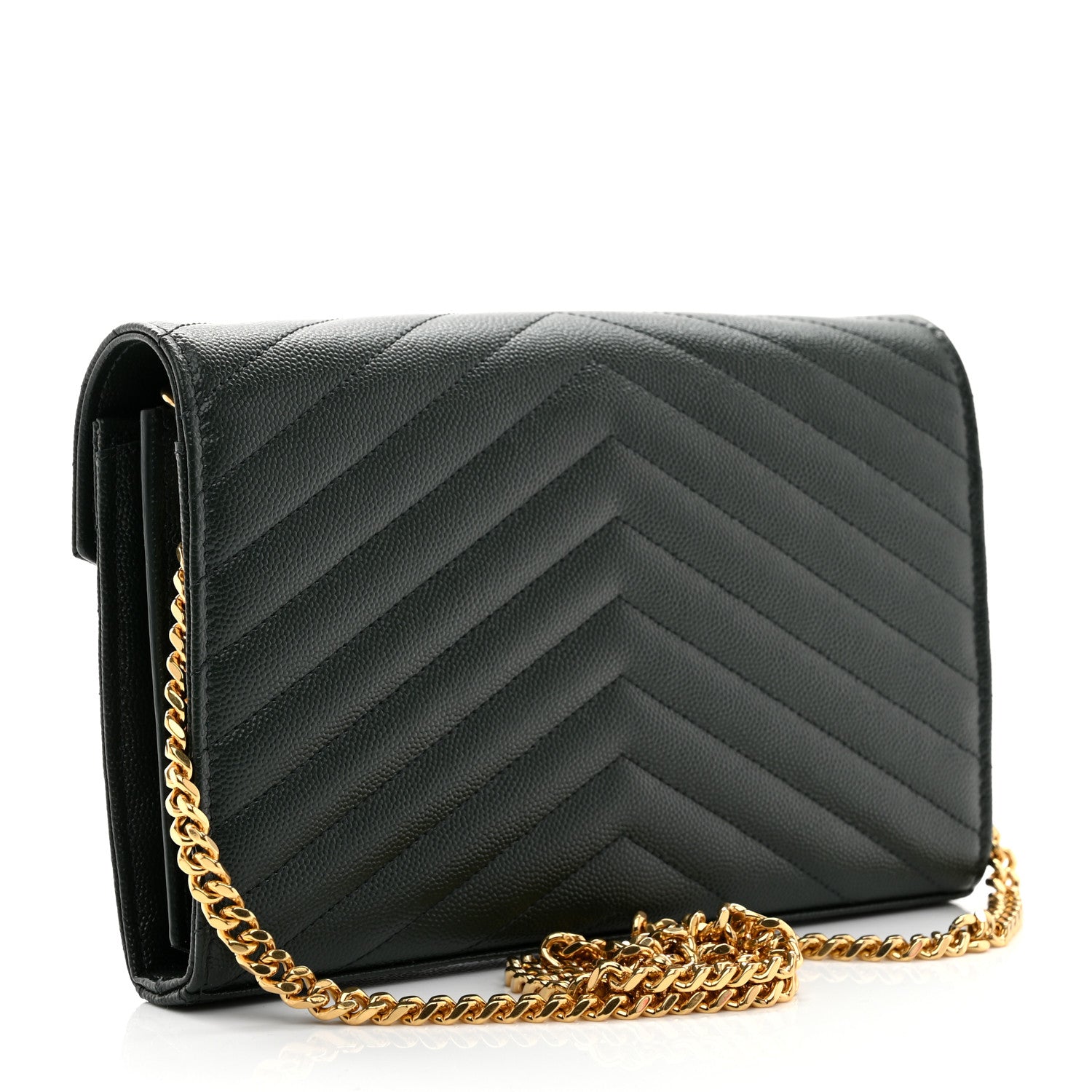 Saint Laurent Grain De Poudre Matelasse Chevron Monogram Chain Wallet Dark Green 3 of 9