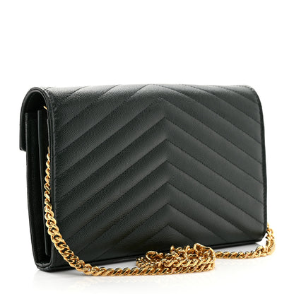 Saint Laurent Grain De Poudre Matelasse Chevron Monogram Chain Wallet Dark Green 3 of 9