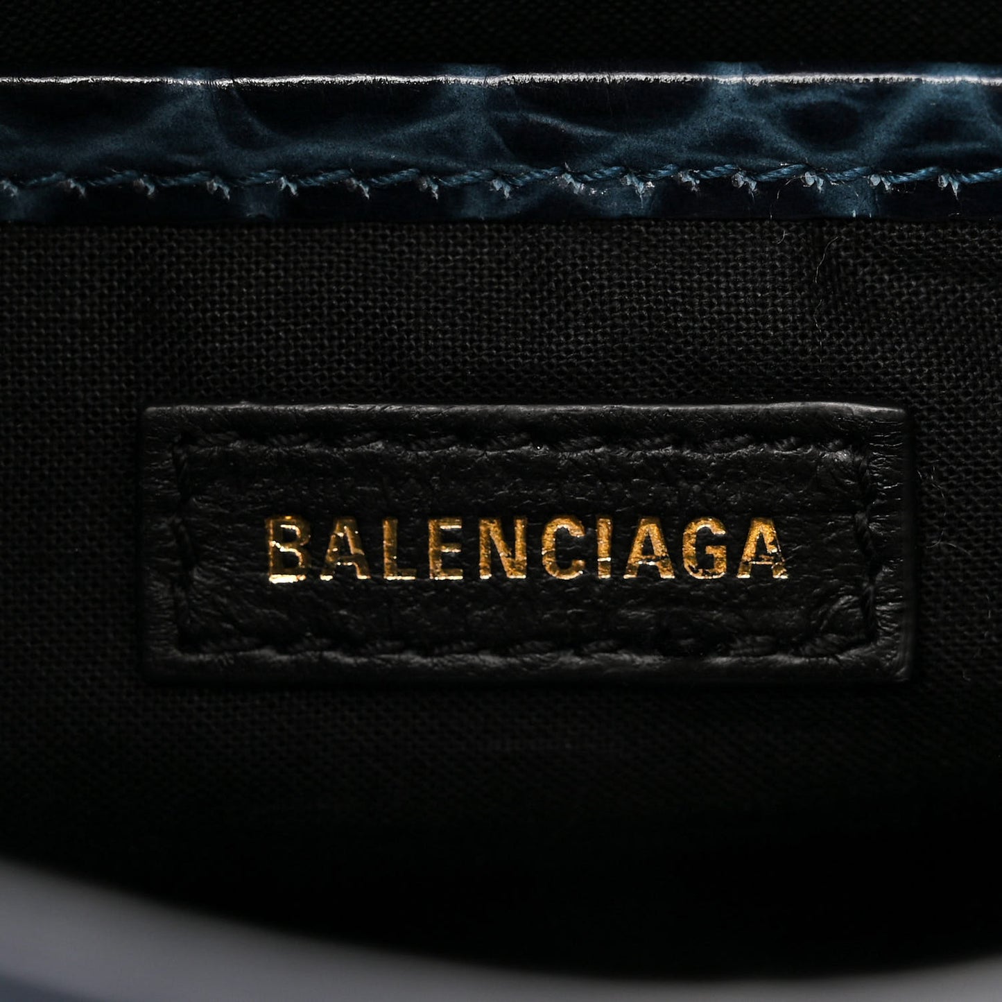 Shiny Supple Calfskin Crocodile Embossed Gold Metallic Edge Hardware Nano City Denim Blue