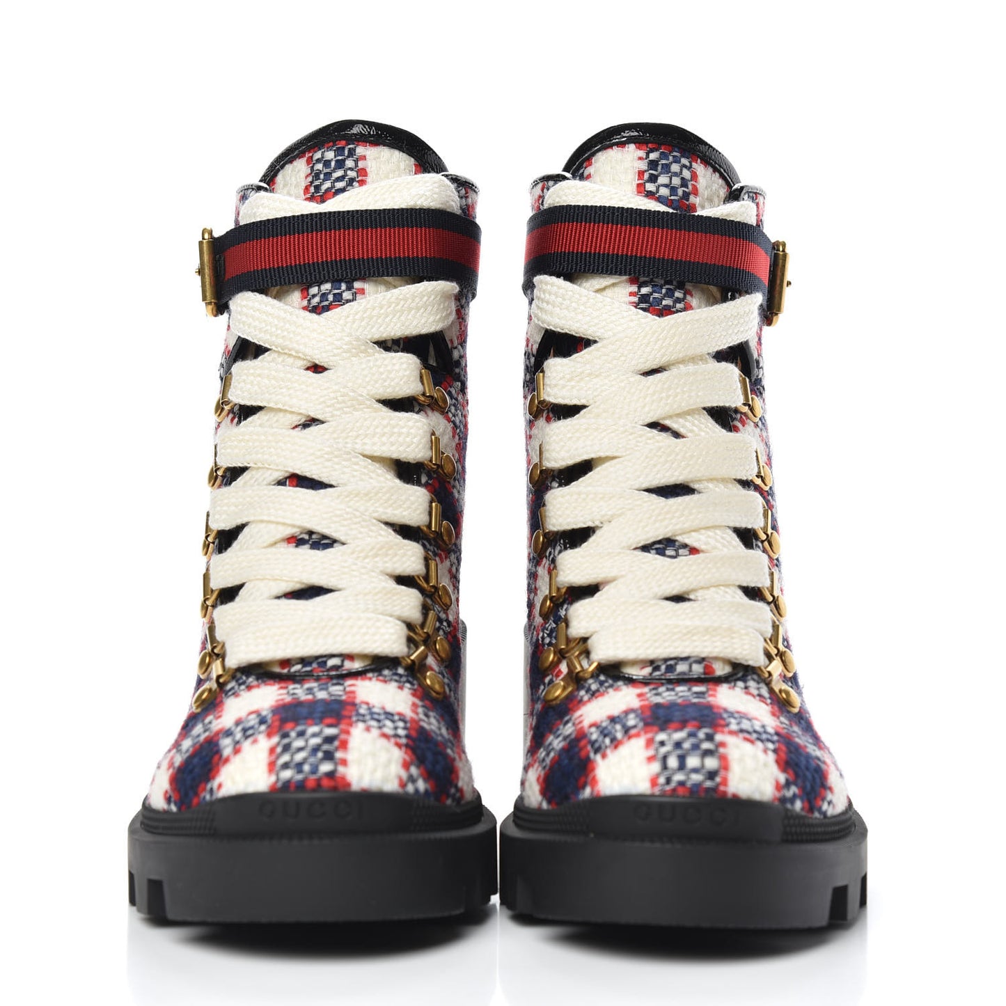 Vintage Tweed Check Lace Up Combat Ankle Boots 37 White Hibiscus Red Marine