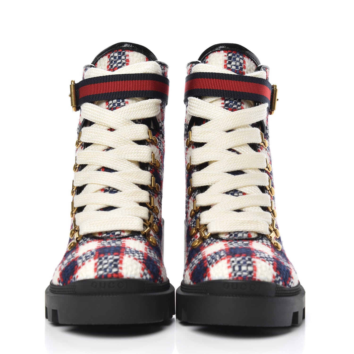 Gucci Vintage Tweed Check Lace Up Combat Ankle Boots 37 White Hibiscus Red Marine 2 of 8