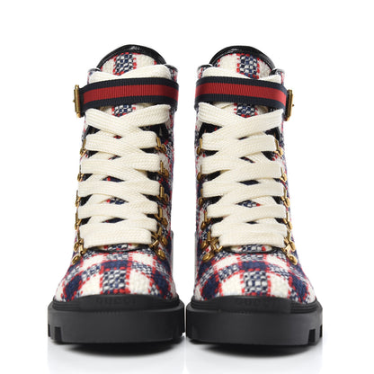 Gucci Vintage Tweed Check Lace Up Combat Ankle Boots 37 White Hibiscus Red Marine 2 of 8