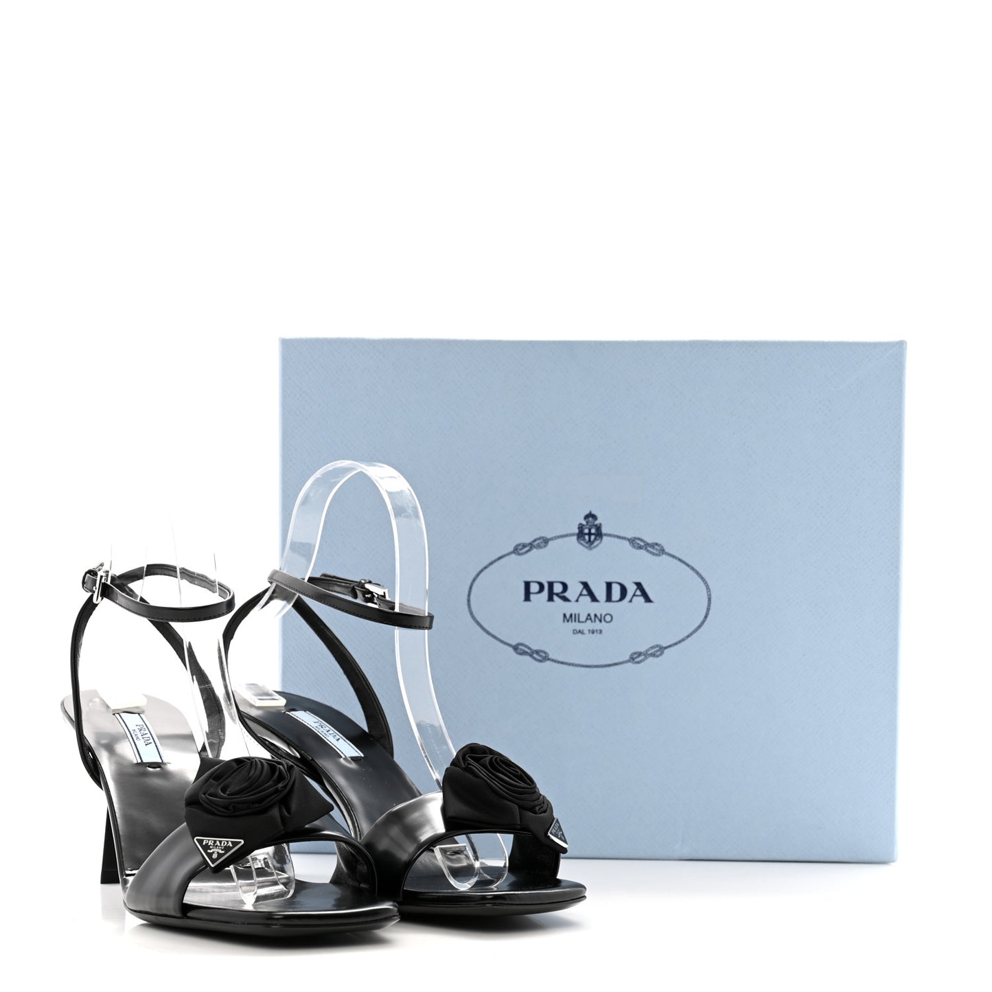 Vernice Nylon Flower Metal Triangle Logo Open Toe 65mm Sandals 38.5 Black