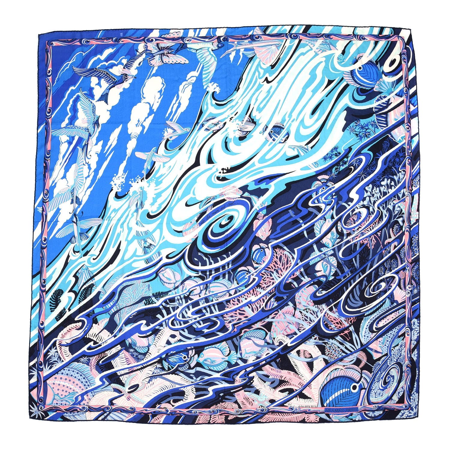 Hermes Cashmere Silk De La Mer Au Ciel Shawl 140 Marine Rose Turquoise 1 of 6