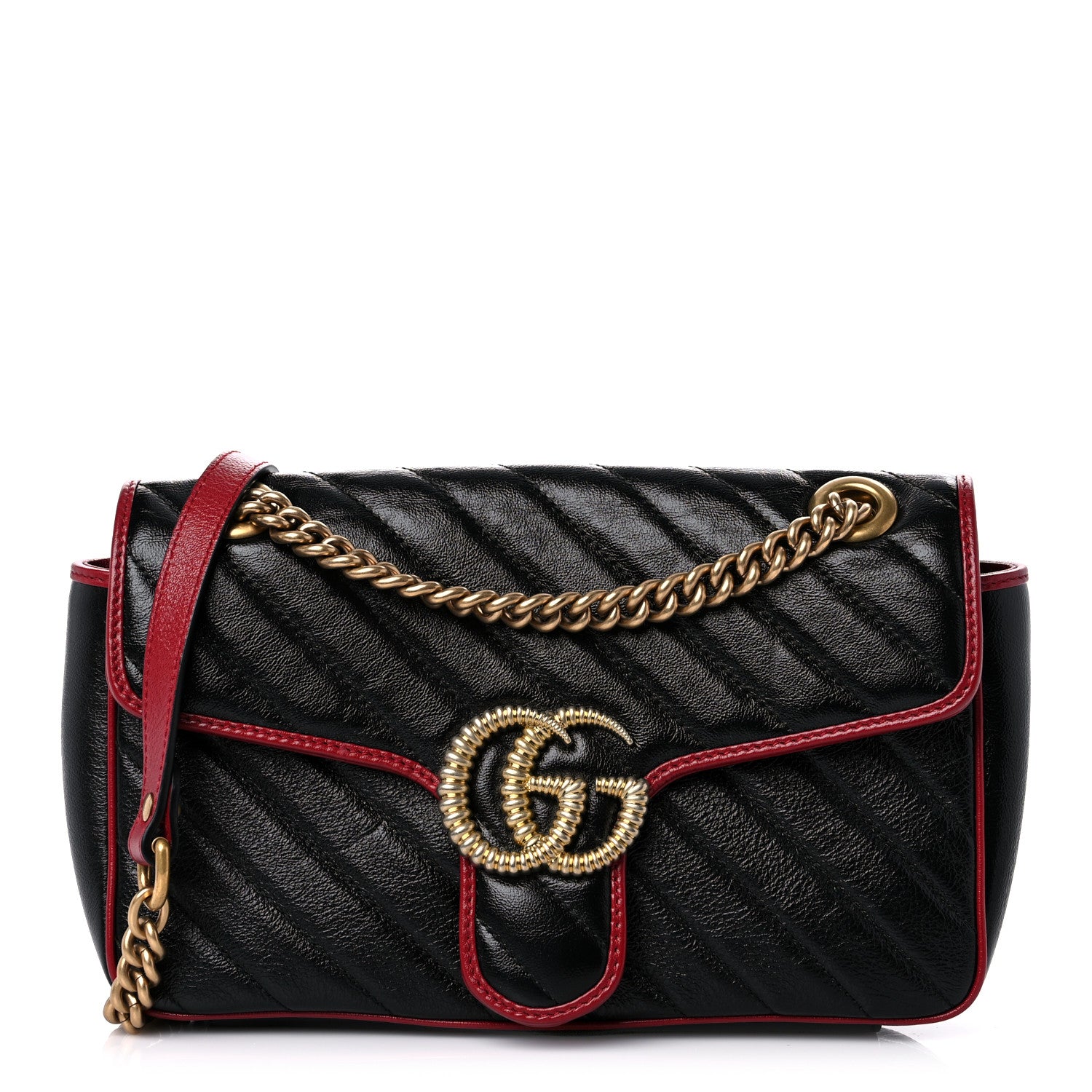 Gucci Vintage Effect Calfskin Matelasse Diagonal Small Torchon GG Marmont Shoulder Bag Black Romantic Cherry 1 of 12