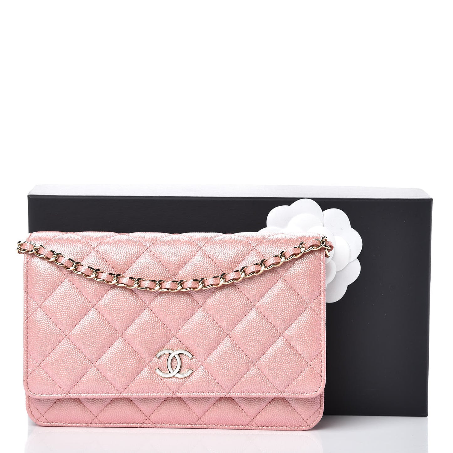 Iridescent Caviar Quilted Wallet on Chain WOC Rose Pink