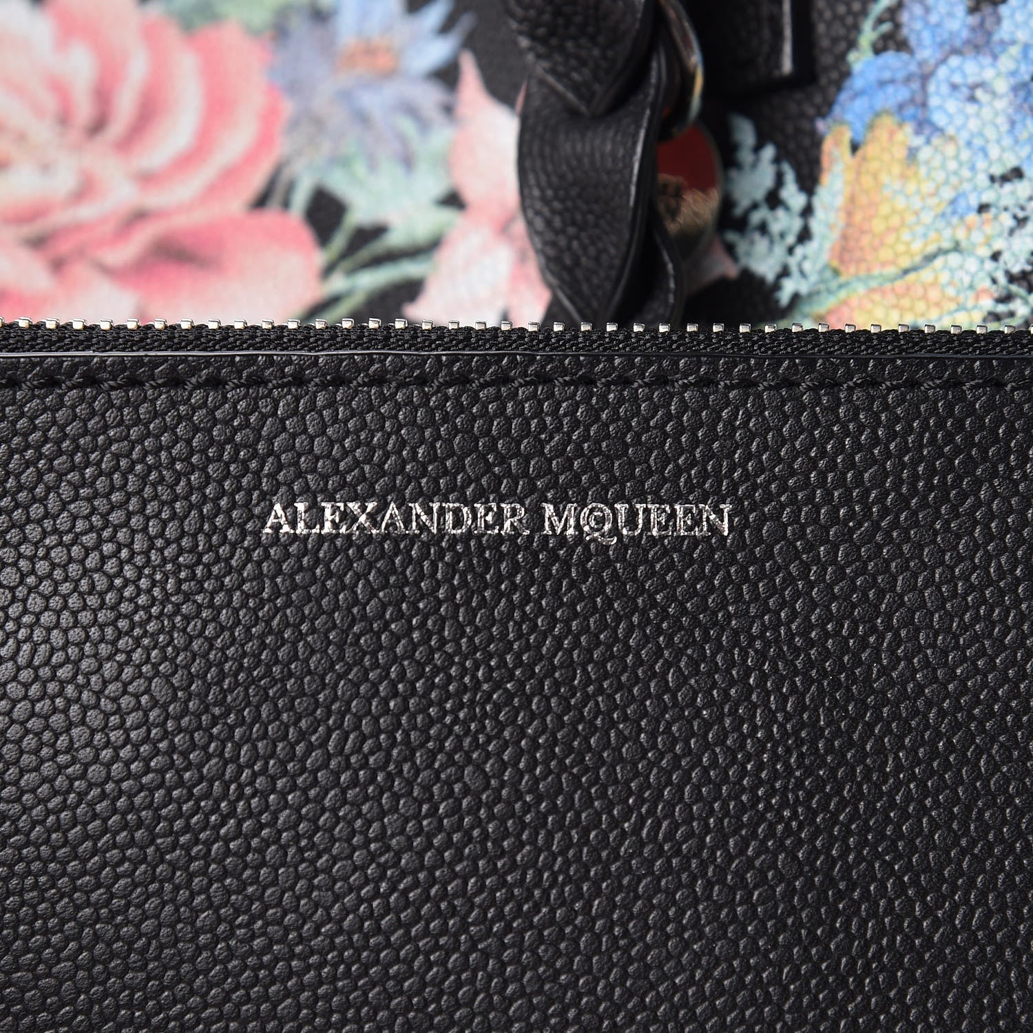 Alexander McQueen Grained Calfskin Floral Skull Open Shopper Tote Black Multicolor 9 of 16