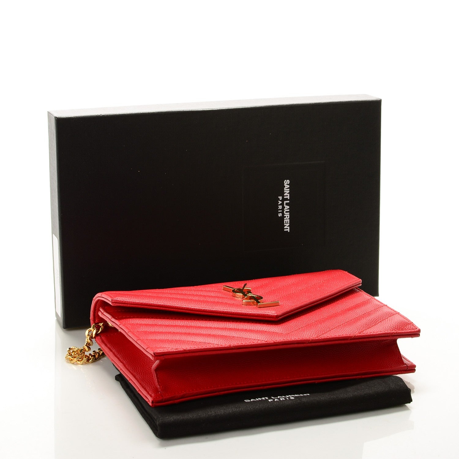 Saint Laurent Grain De Poudre Matelasse Chevron Monogram Envelope Chain Wallet Red 4 of 7