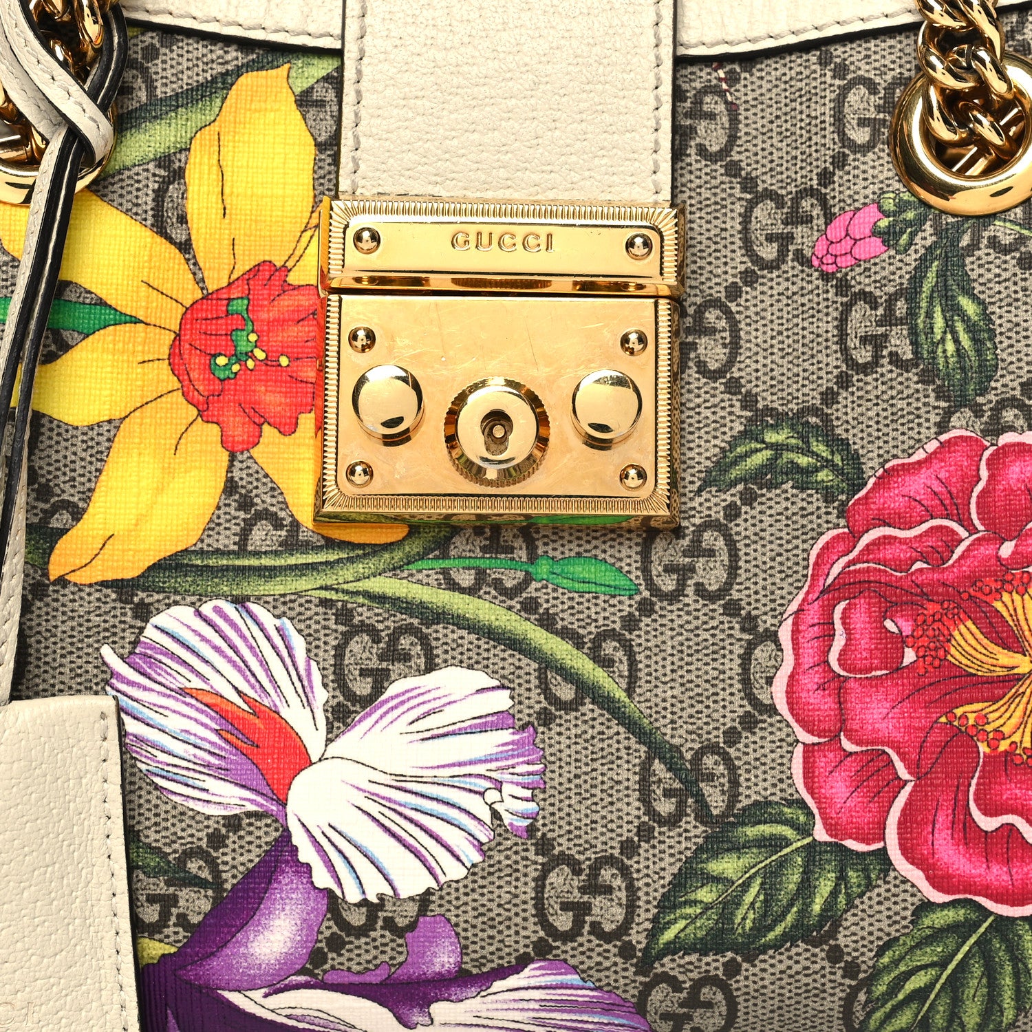 Gucci GG Supreme Monogram Flora Textured Calfskin Small Padlock Tote Beige Ebony Multicolor Mystic White 7 of 13