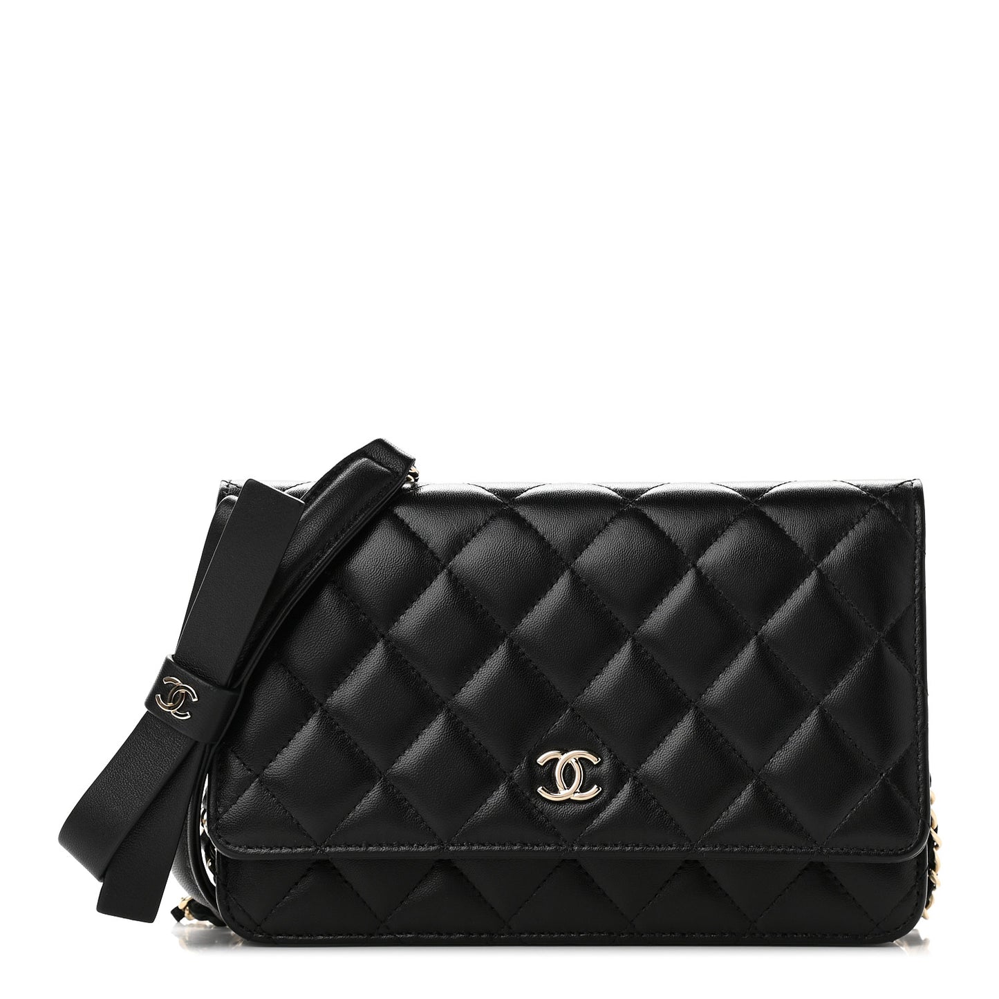 Lambskin Quilted Coco Bow Wallet On Chain WOC Black