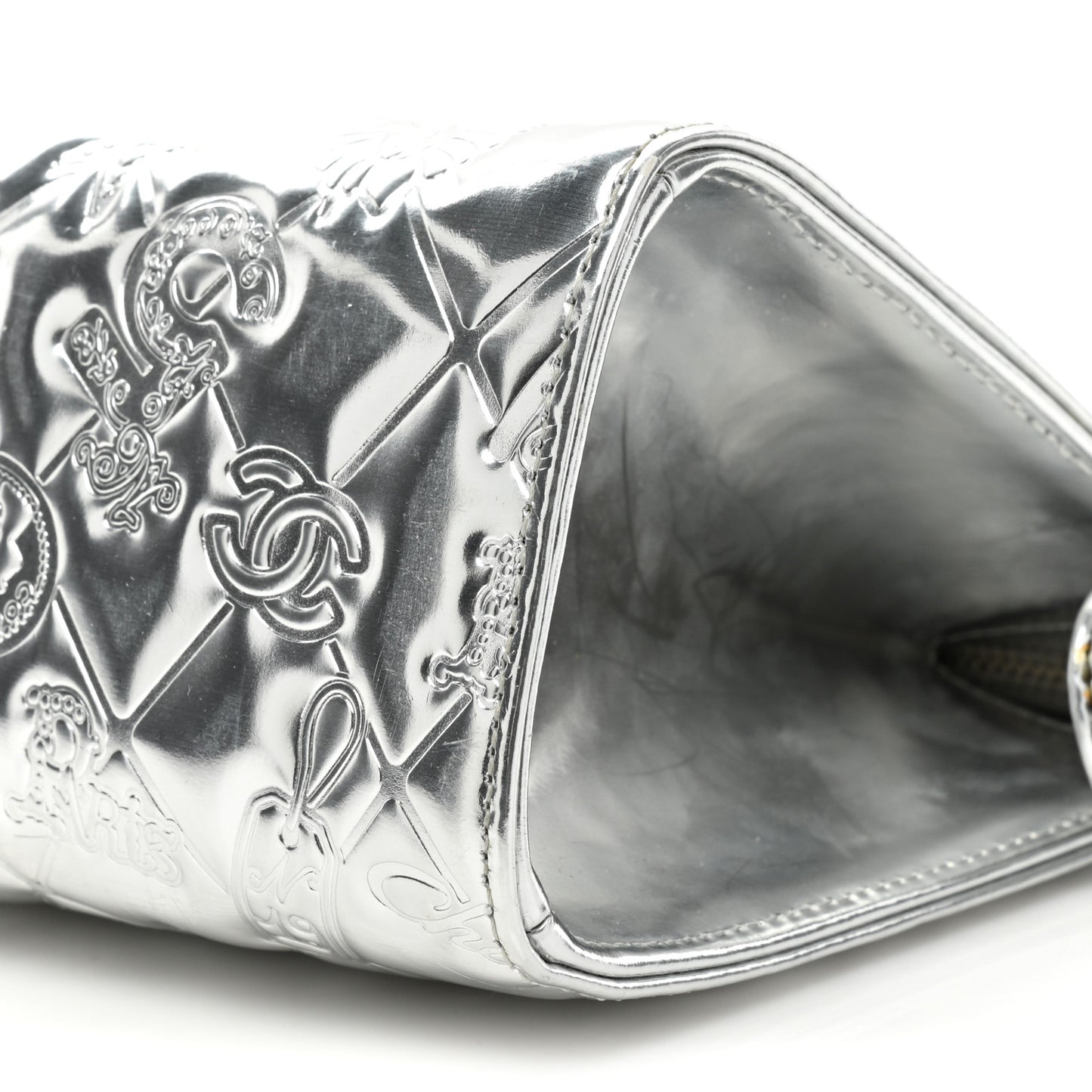 Metallic Patent Calfskin Lucky Symbols Pochette Silver
