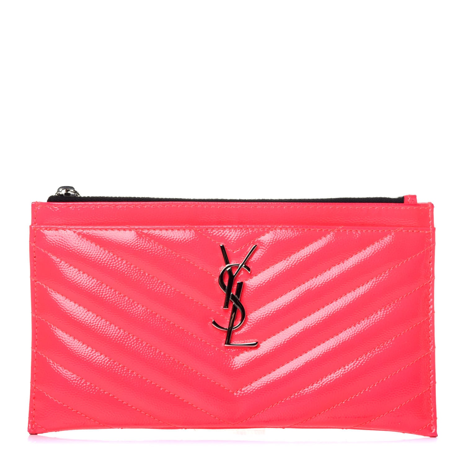 Saint Laurent Patent Grain De Poudre Matelasse Chevron Monogram Bill Pouch Neon Pink 1 of 15