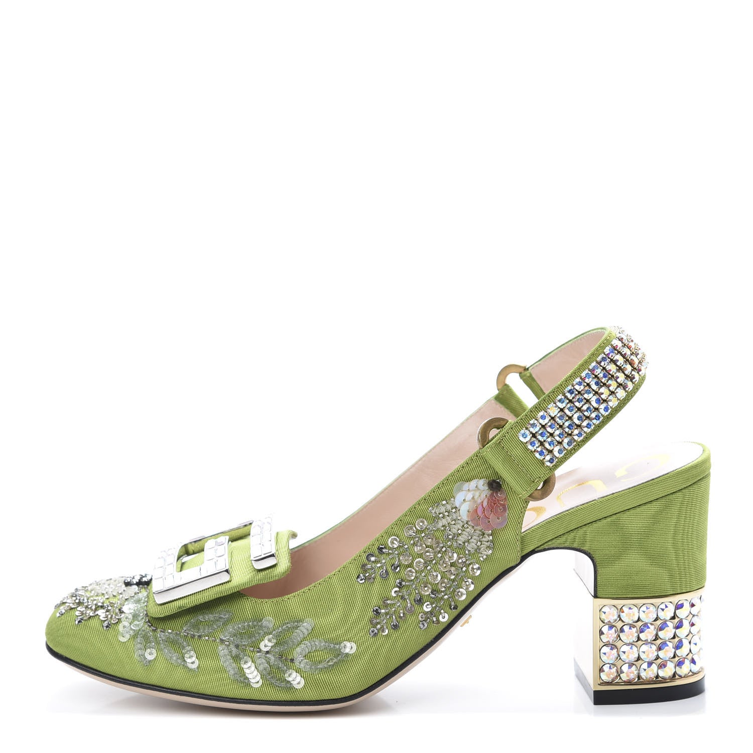 Gucci Moire Fabric Eyes Crystal Square G Madelyn Slingbacks 37.5 Lemon Leaf 1 of 10