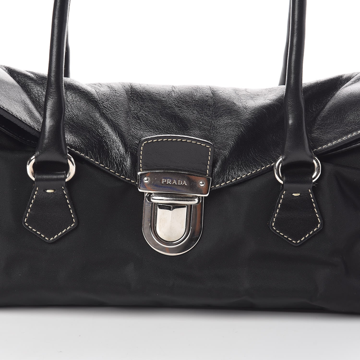 Prada Tessuto Nylon Vitello Foldover Pushlock Satchel Black 7 of 9
