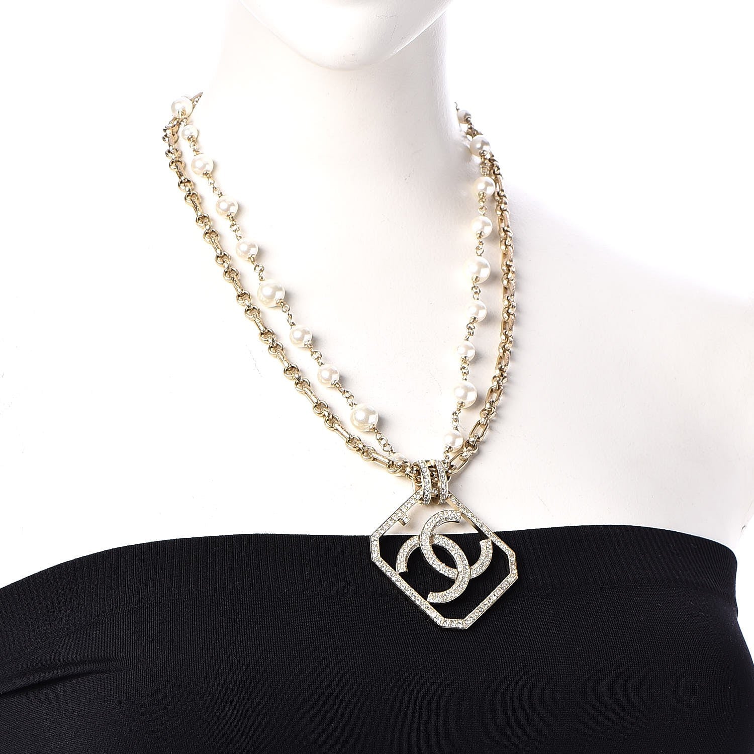 Chanel Pearl Crystal CC Double Strand Necklace Gold 2 of 7