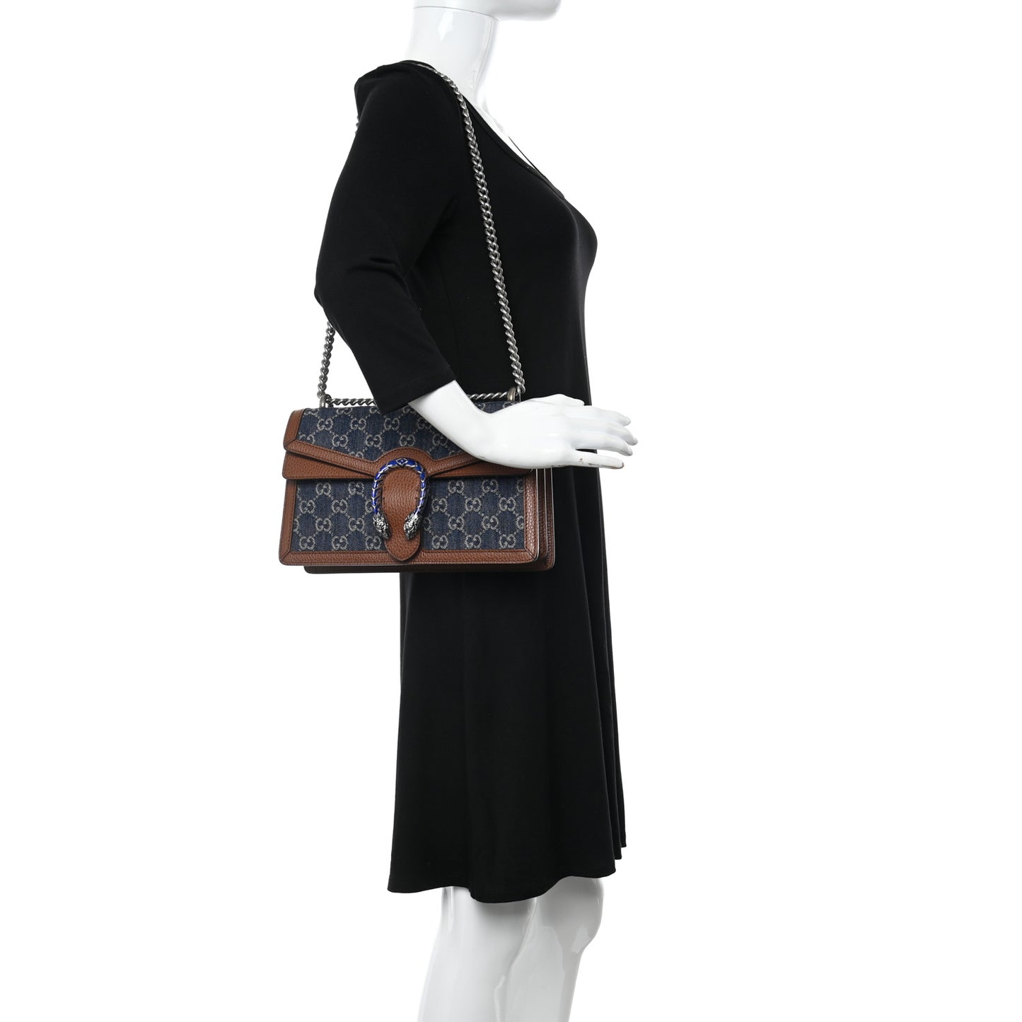 New Denim GG Monogram Dollar Calfskin Enamel Small Dionysus Shoulder Bag Blue Tea Cuir Epilog Electric Blue