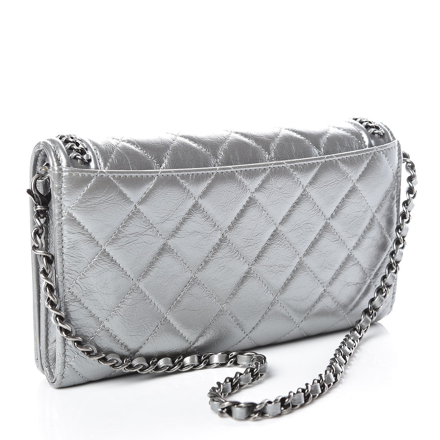Metallic Calfskin Quilted Chain Around Boy Wallet On Removable Chain WOC Silver