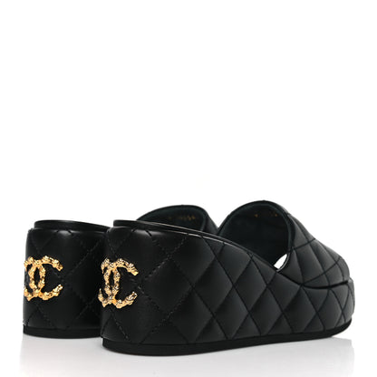 Chanel Lambskin Quilted Camelia CC Wedge Sandal Mules 40 Black 4 of 8