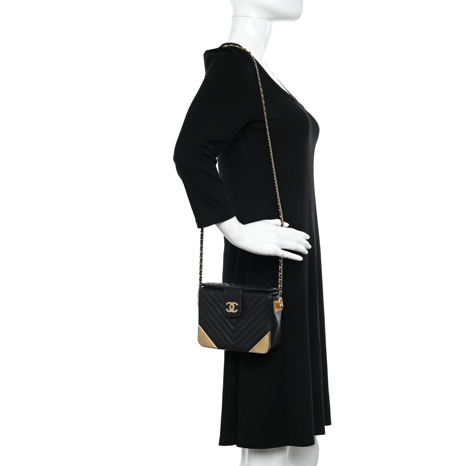 Chanel Calfskin Chevron Quilted Rock The Corner Minaudiere Bag Black 2 of 12