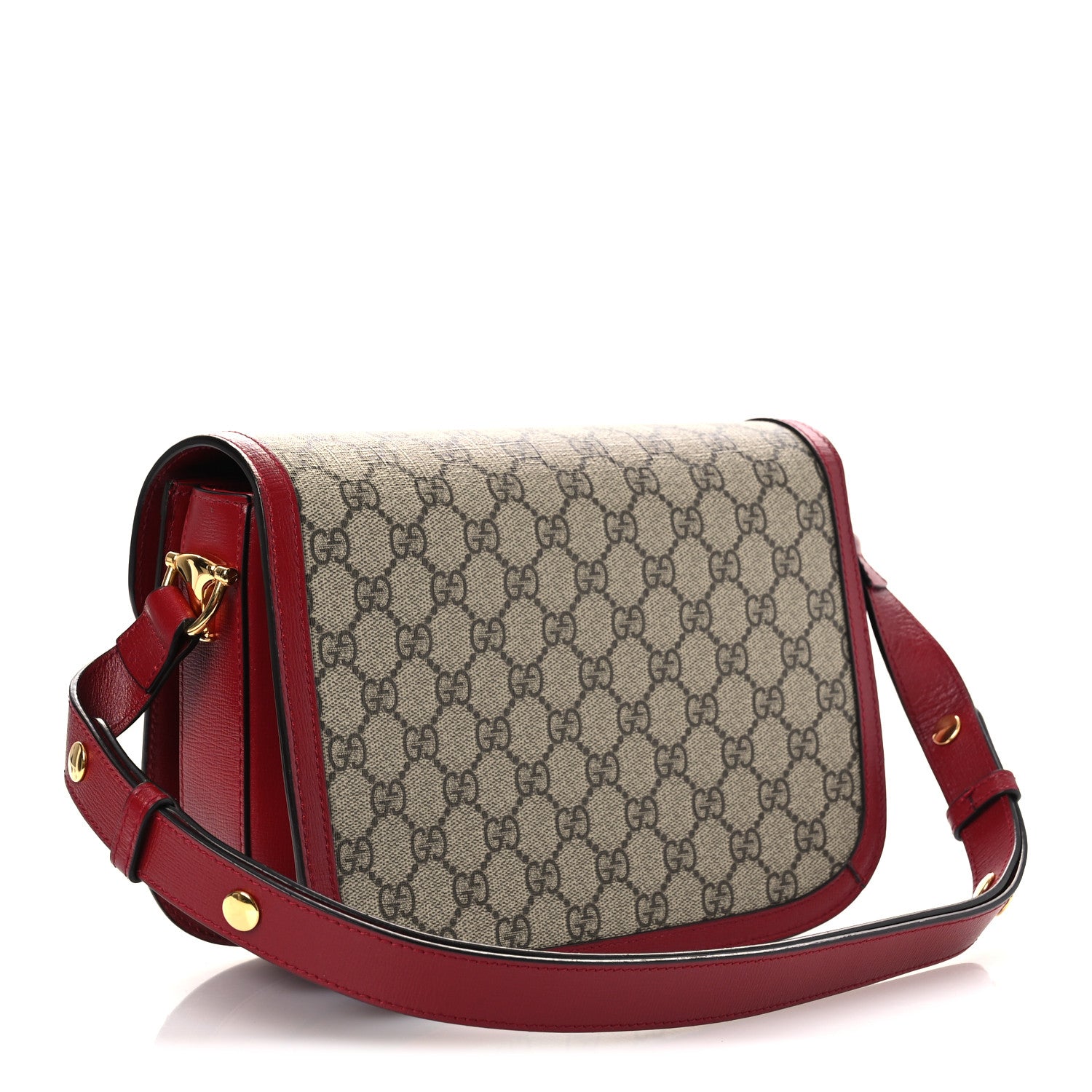 Gucci GG Supreme Monogram Azalea Calfskin Horsebit 1955 Shoulder Bag Beige Ebony New Cherry Red 3 of 11