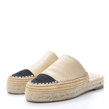 Chanel Lambskin Grosgrain CC Espadrille Mules 39 Beige Black 3 of 9