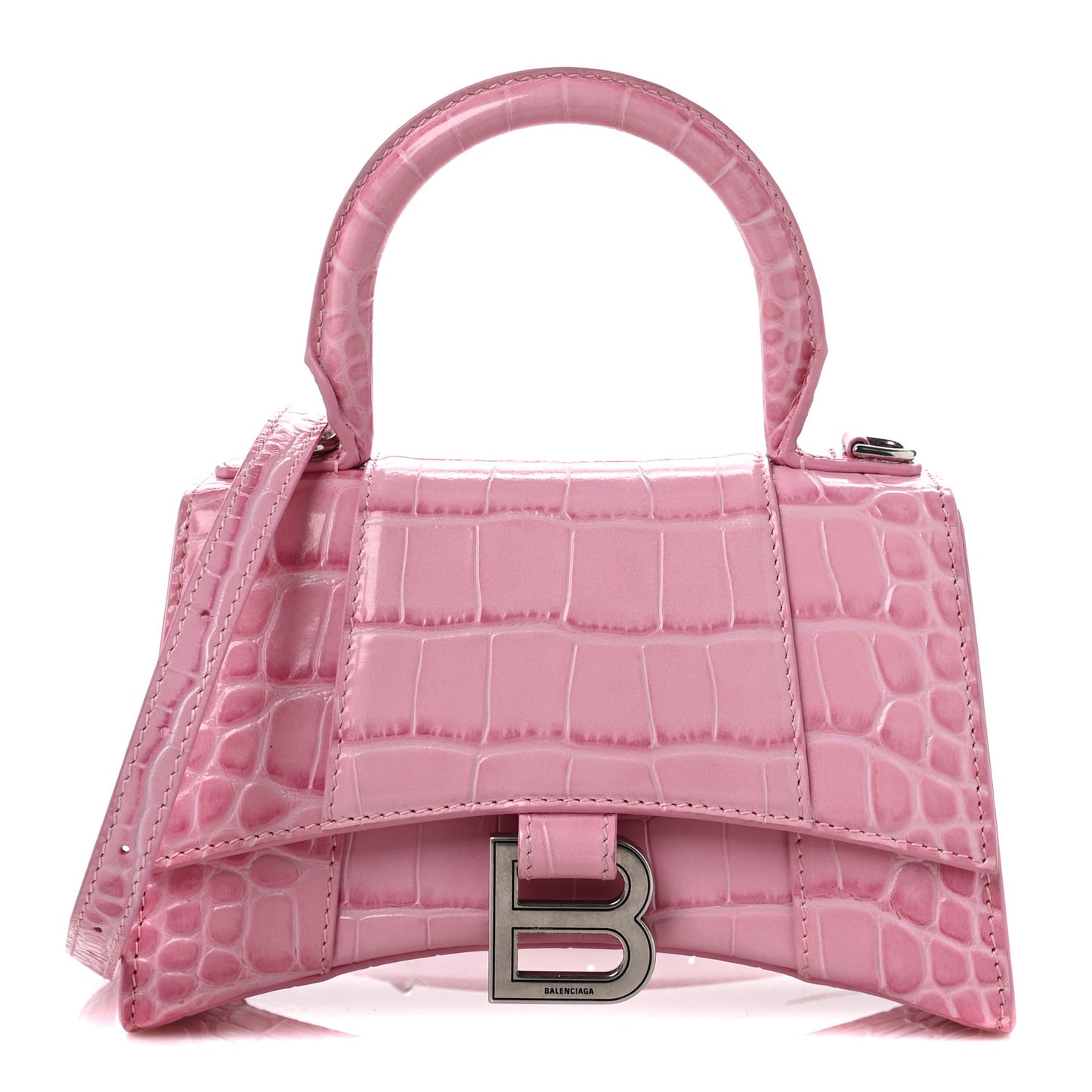 Shiny Calfskin Crocodile Embossed Hourglass Top Handle Bag XS Pink