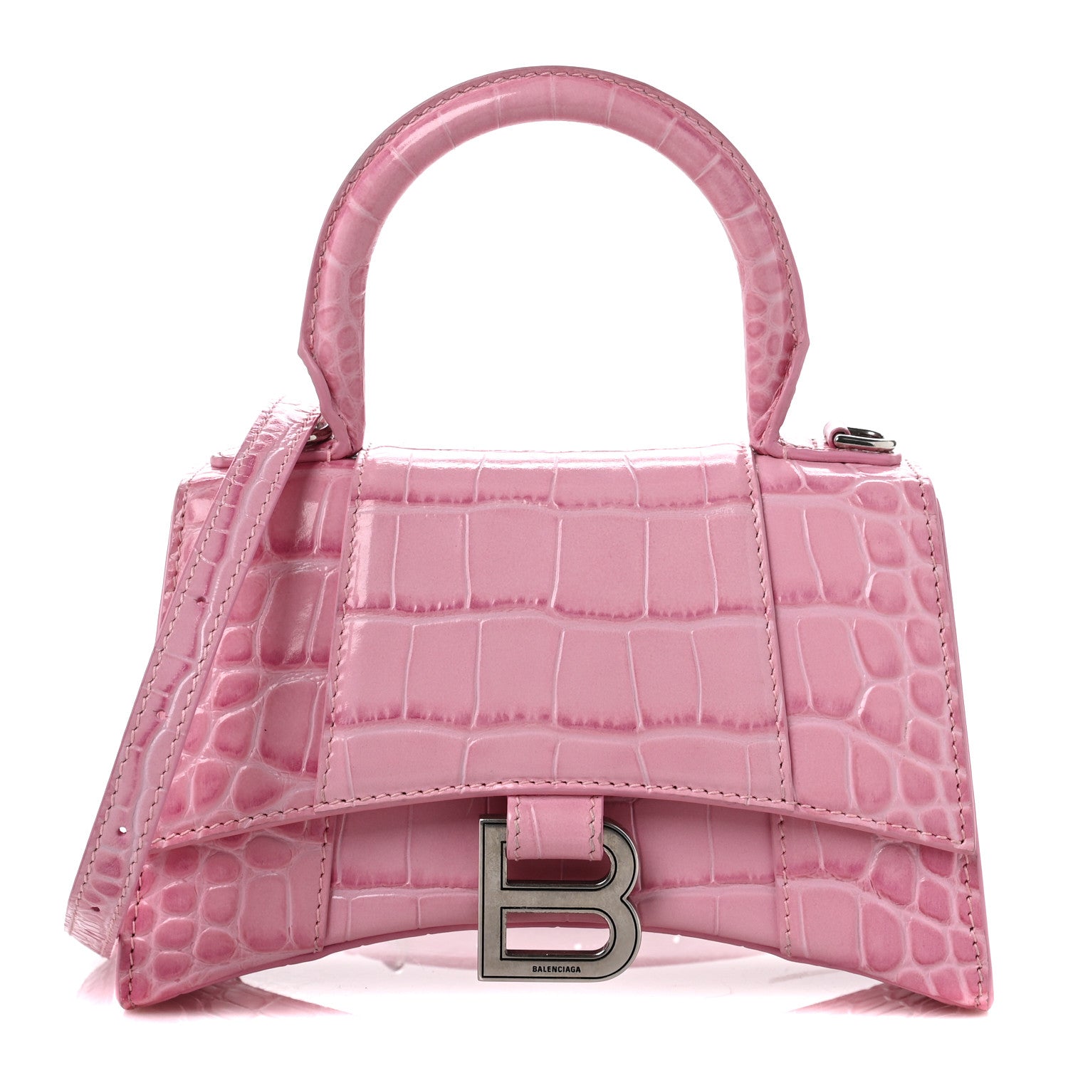 Balenciaga Shiny Calfskin Crocodile Embossed Hourglass Top Handle Bag XS Pink 1 of 8