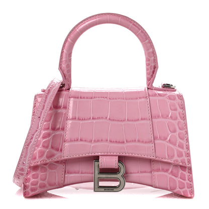 Balenciaga Shiny Calfskin Crocodile Embossed Hourglass Top Handle Bag XS Pink 1 of 8