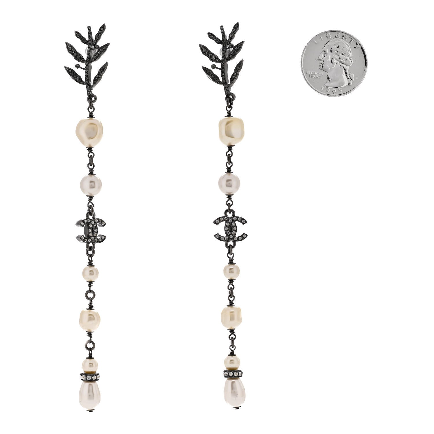 Chanel Pearl Crystal CC Long Drop Earrings Silver 2 of 4
