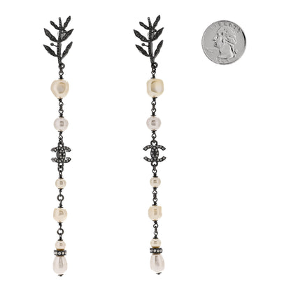 Chanel Pearl Crystal CC Long Drop Earrings Silver 2 of 4