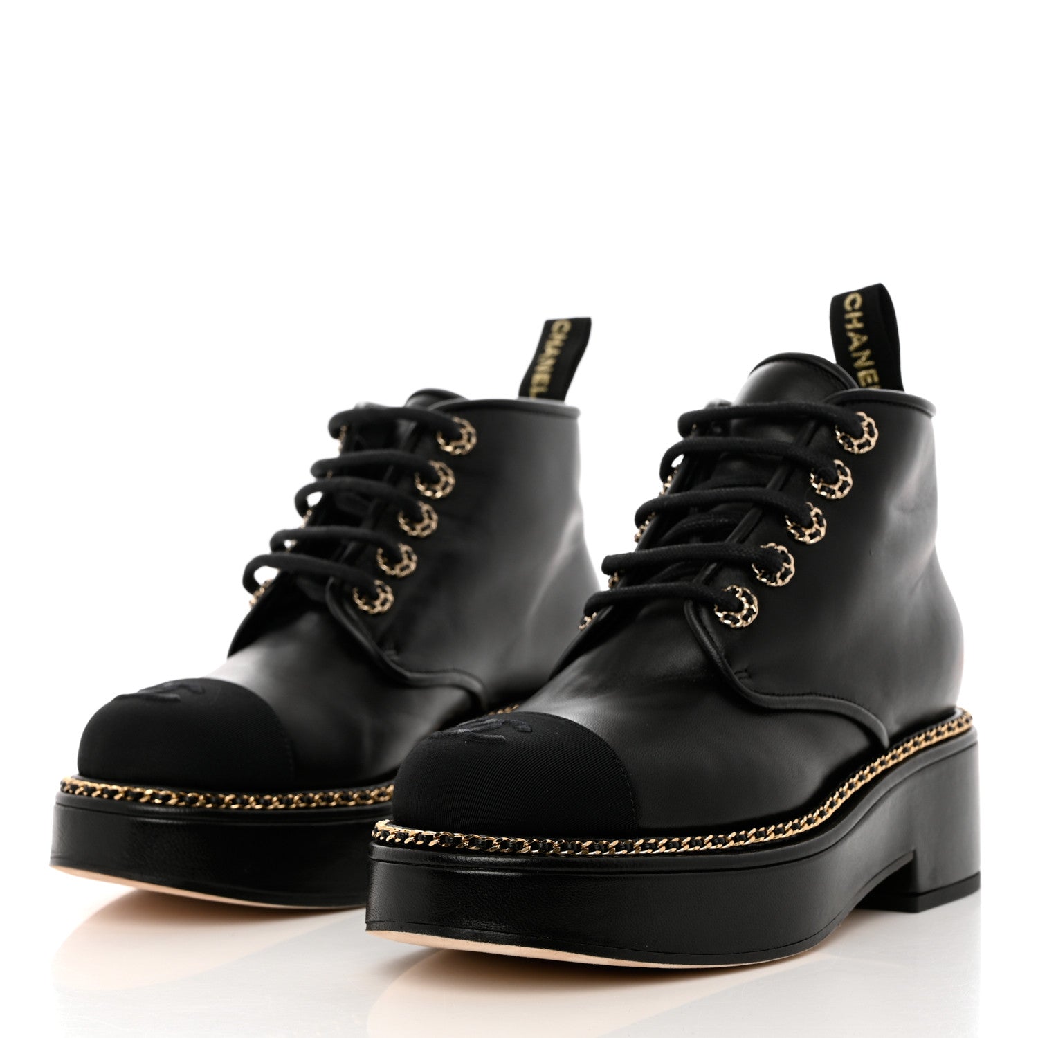 Chanel Calfskin Grosgrain Chain Lace Up CC Short Boots 38 Black 3 of 11