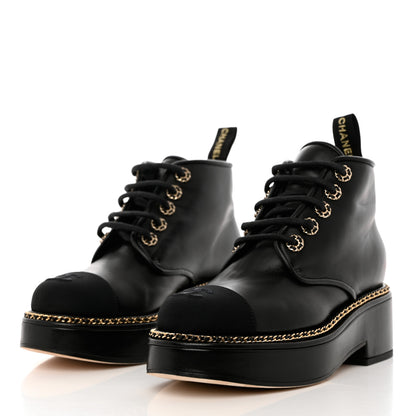 Chanel Calfskin Grosgrain Chain Lace Up CC Short Boots 38 Black 3 of 11