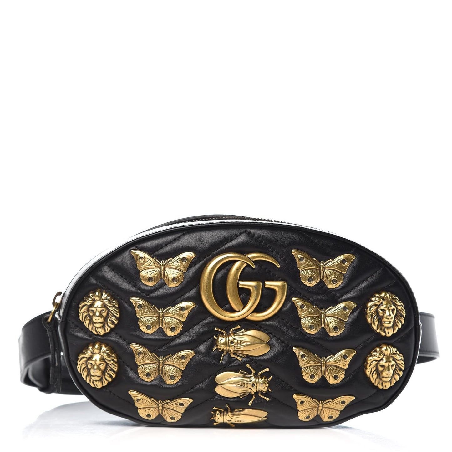 Calfskin Matelasse Animal Studs GG Marmont Belt Bag 85 34 Black