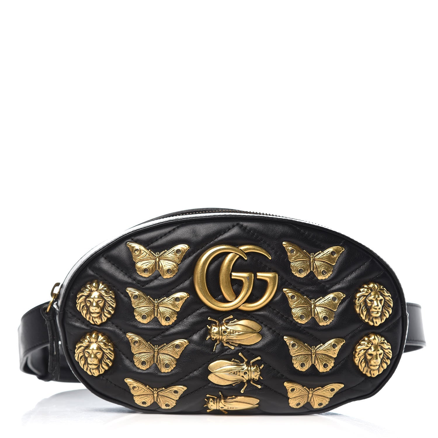 Gucci Calfskin Matelasse Animal Studs GG Marmont Belt Bag 85 34 Black 1 of 12