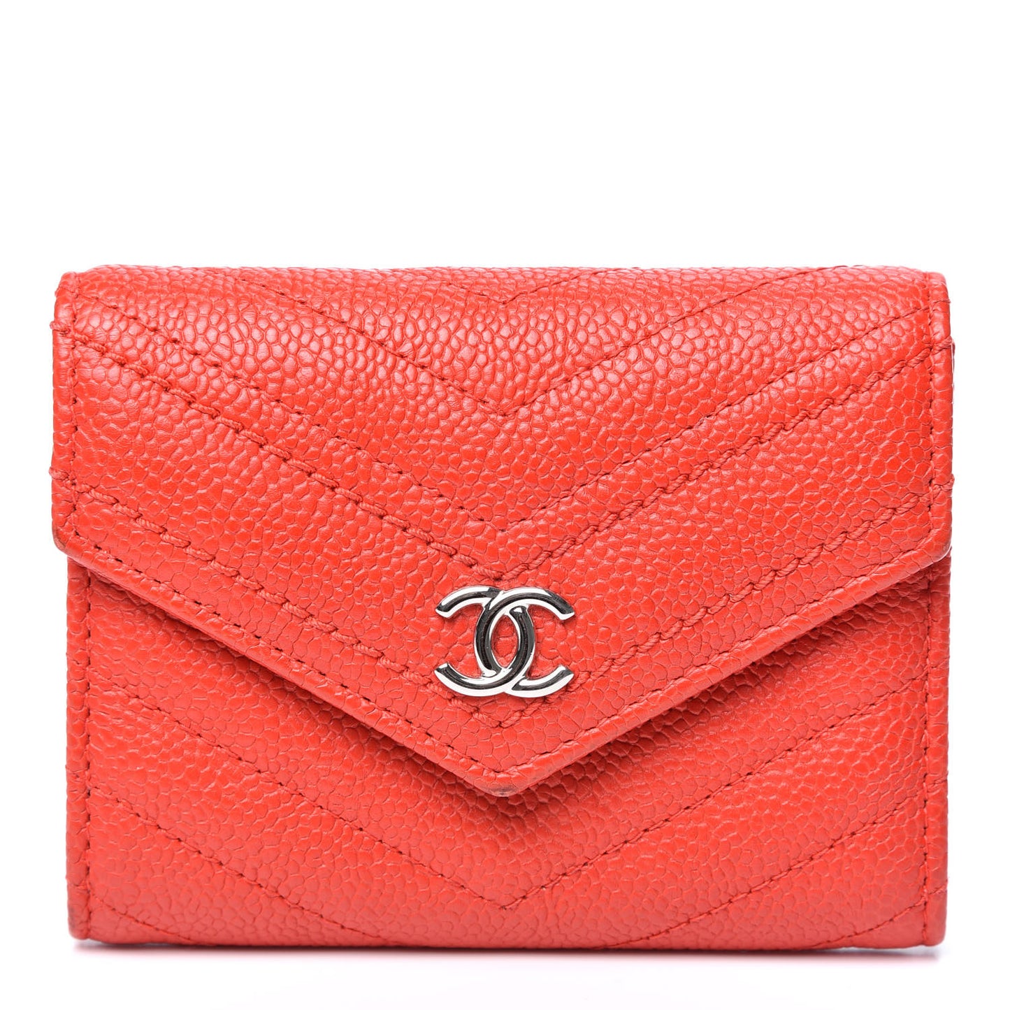Caviar Chevron Quilted Flap Card Holder Wallet Red